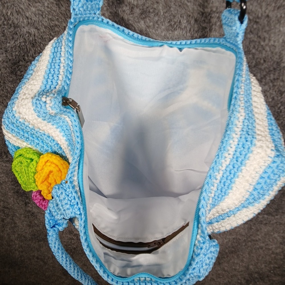 Women's Crotchet Purse Bag Tote Handmade Round Flowers Blue White NEW! - Picture 10 of 12
